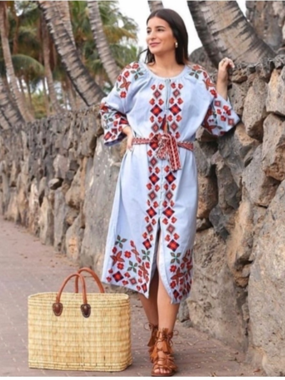 Zara New Cotton Linen Embroidered Midi Dress L Light Blue Boho Tassel
